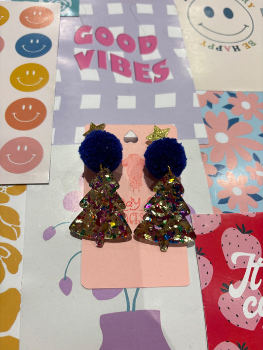 Christmas Tree Blue Pom Stack Earrings