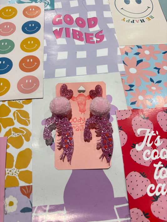 Glitter Pink Prawn Pom Stack Earrings