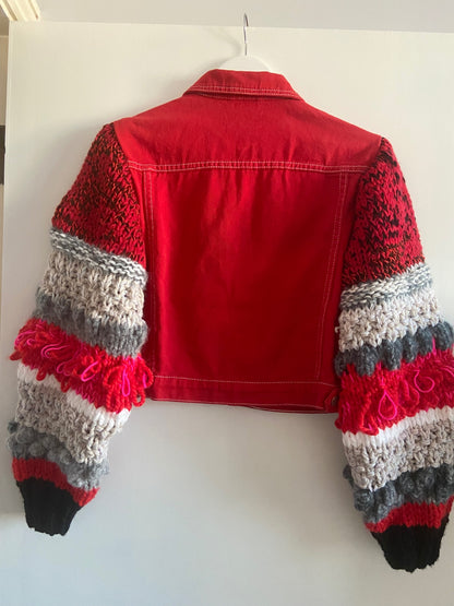 Red Knitted Sleeved Jean Jacket