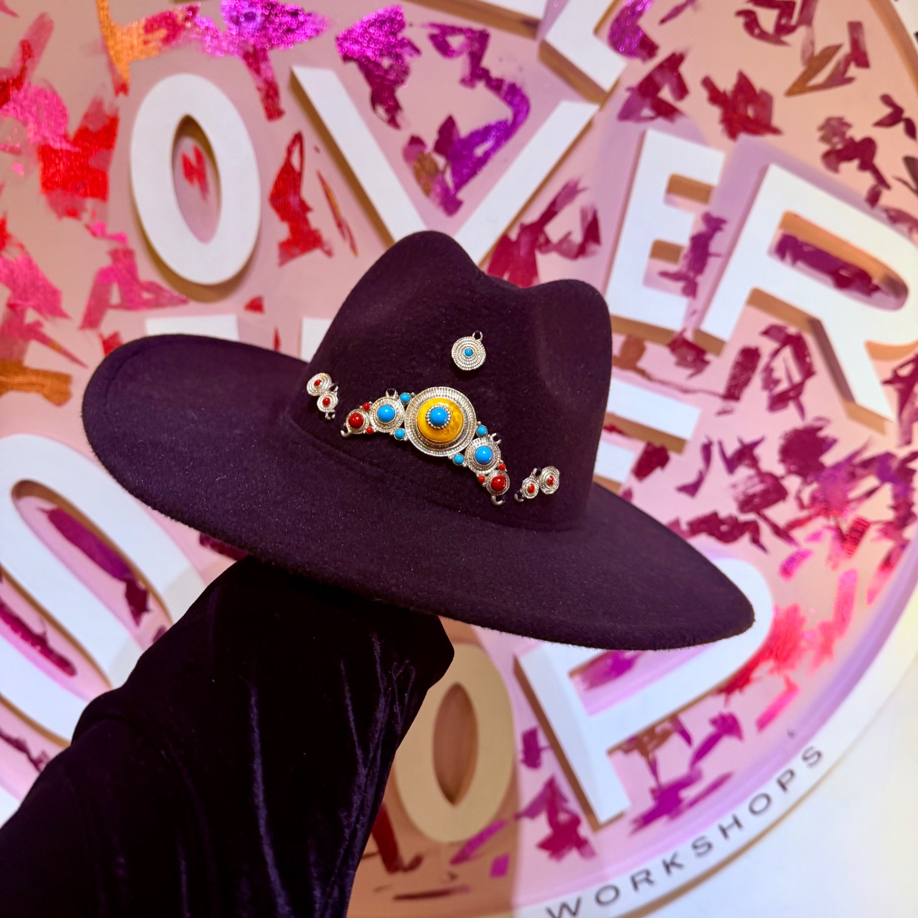 Sample Black western fedora wish Boho Beads and Metal work