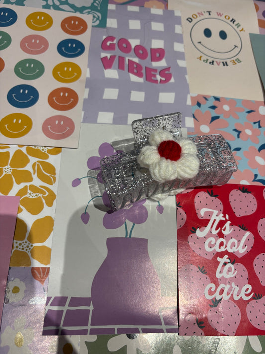 Silver Glitter Flower claw clip