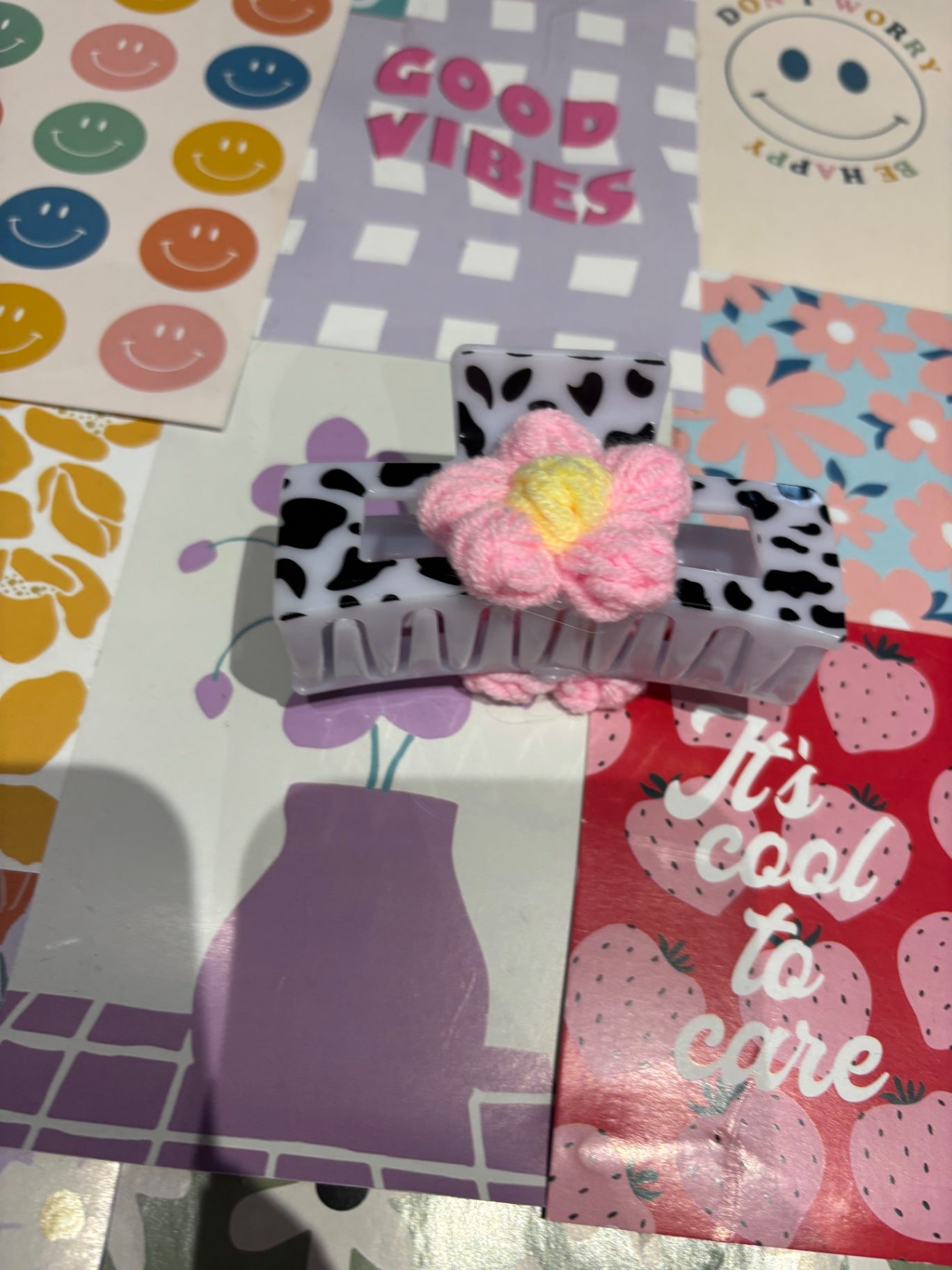 Cow Print Pink Flower Claw Clip