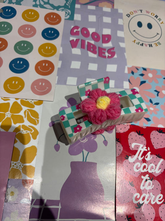 Turquoise Check Flower Hair Clip