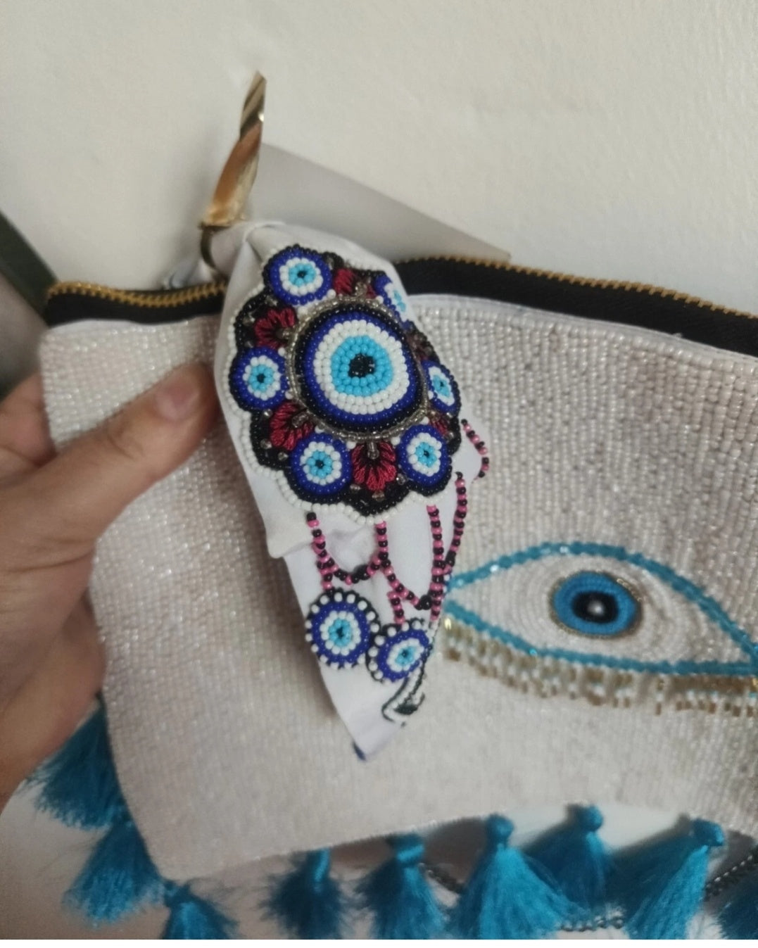 Evil eye protection beaded tassel bag and headband set 