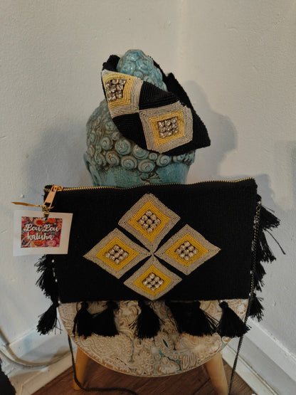 Black and gold yellow beaded bag and matching headband