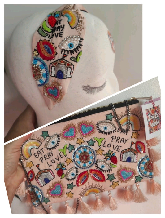 Eat pray love beaded bag and matching headband set 