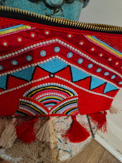 Red turquoise Boho beaded bag and headband set 