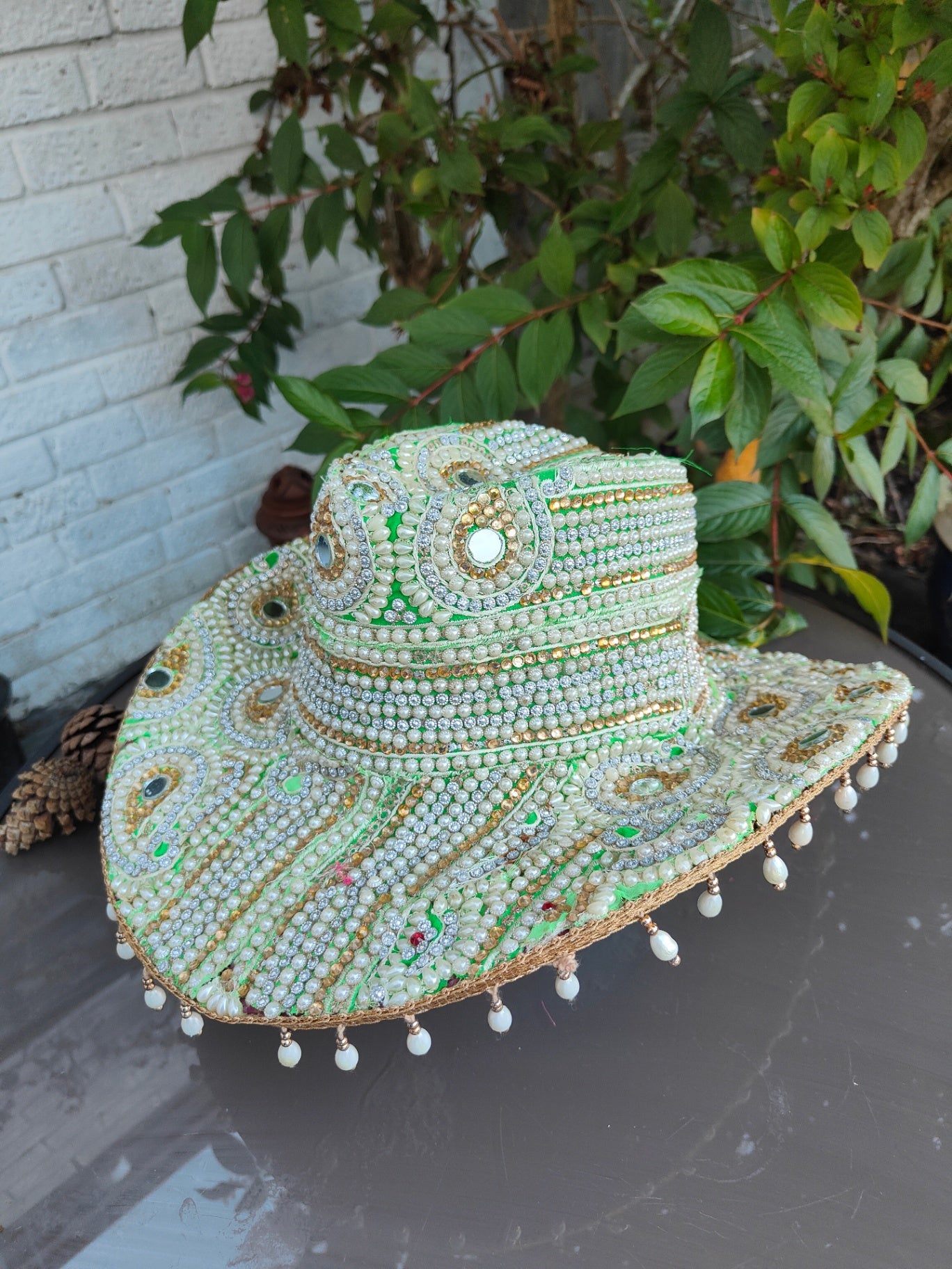 Dolly cowboy hat recycled sari fabric Pearl and green