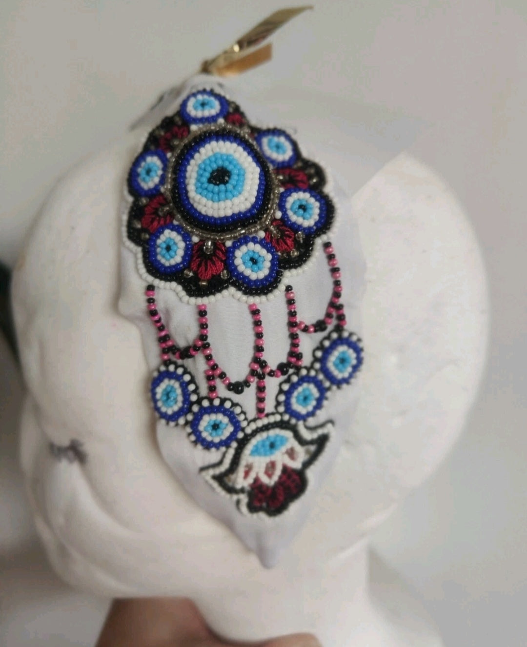Evil eye protection beaded tassel bag and headband set 