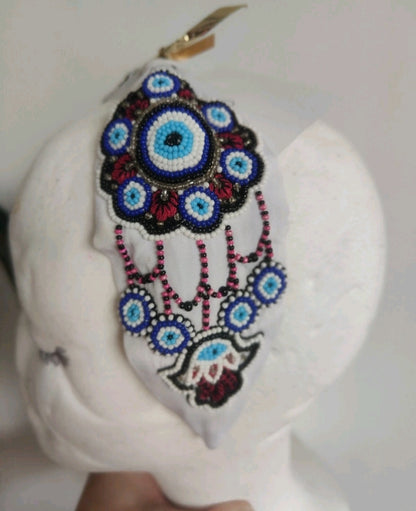 Evil eye protection beaded tassel bag and headband set 