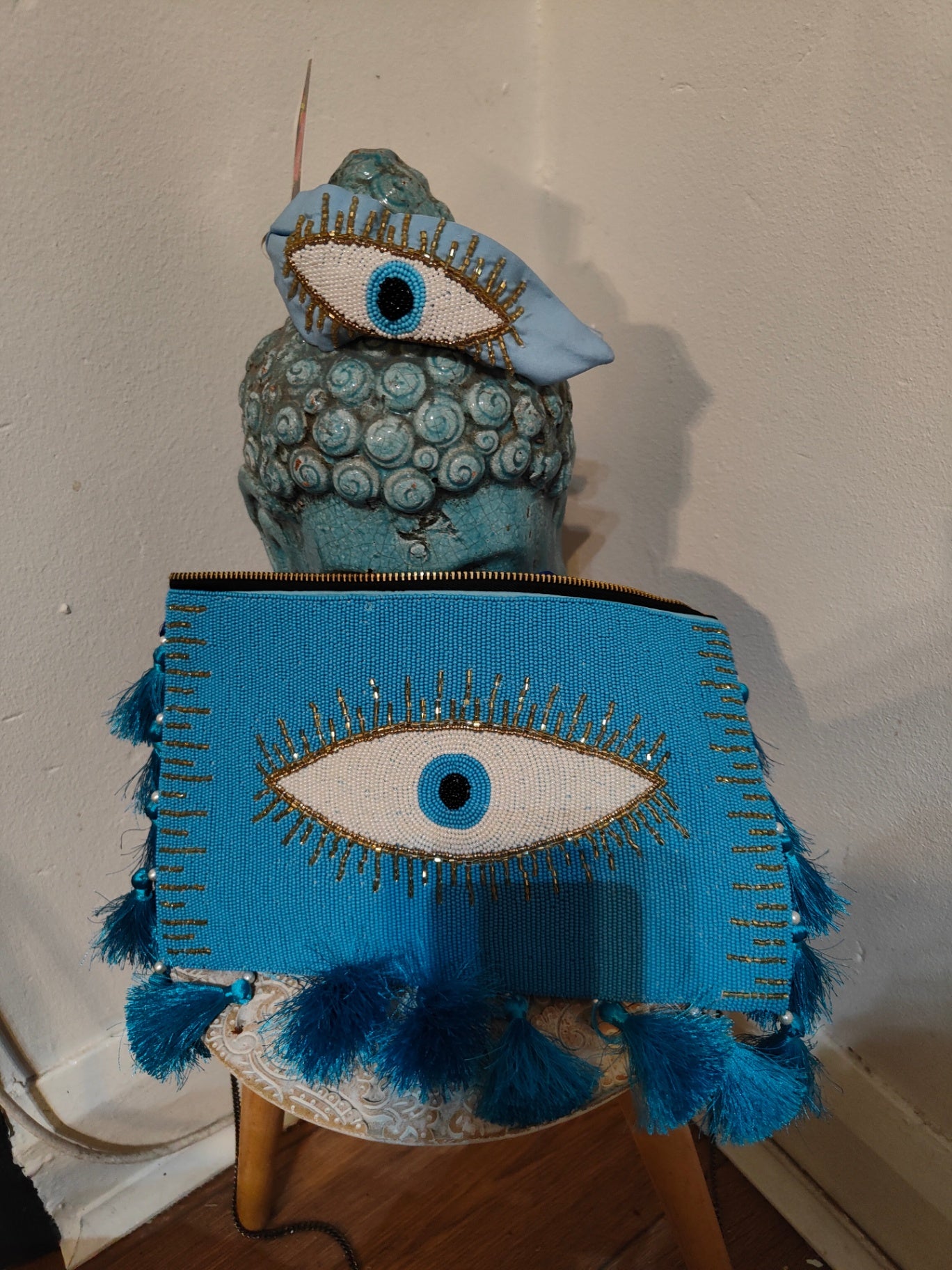 Evil eye protection turquoise bag and headband set 