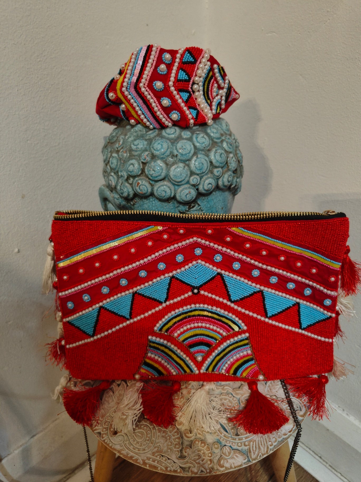 Red turquoise Boho beaded bag and headband set 