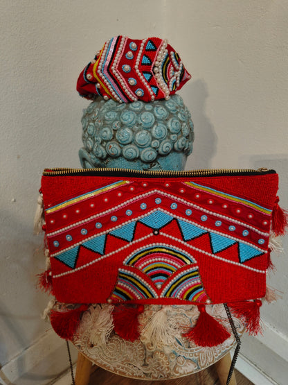 Red turquoise Boho beaded bag and headband set 