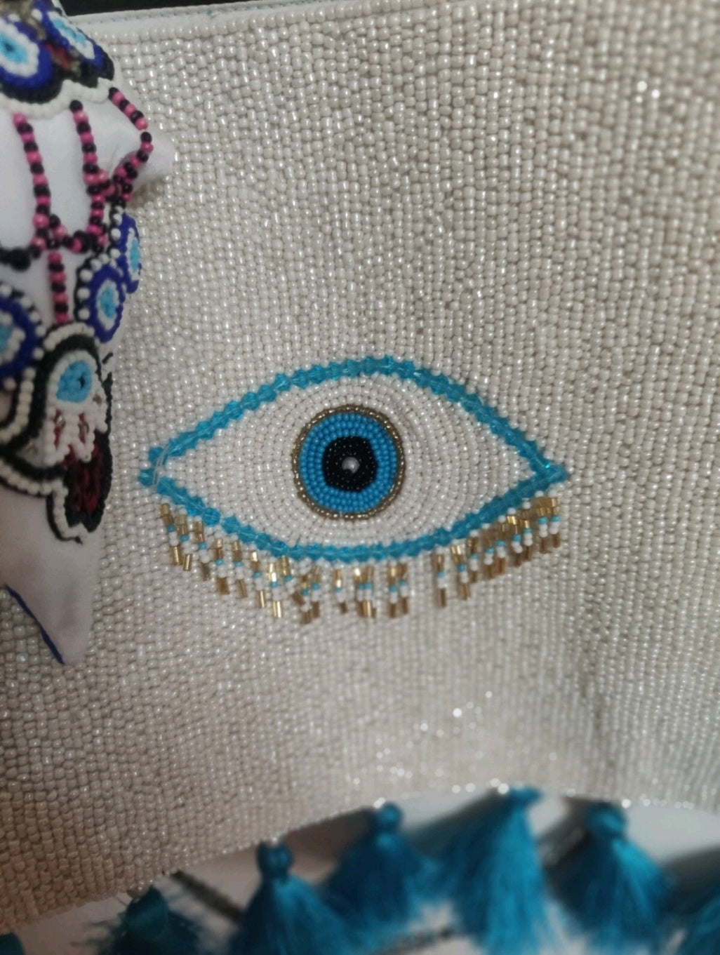 Evil eye protection beaded tassel bag and headband set 