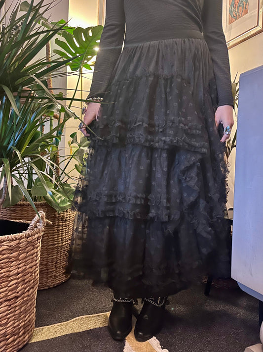 Luna Noir Tiered Tulle Maxi Skirt 🌙 Black Spot Mesh Size M