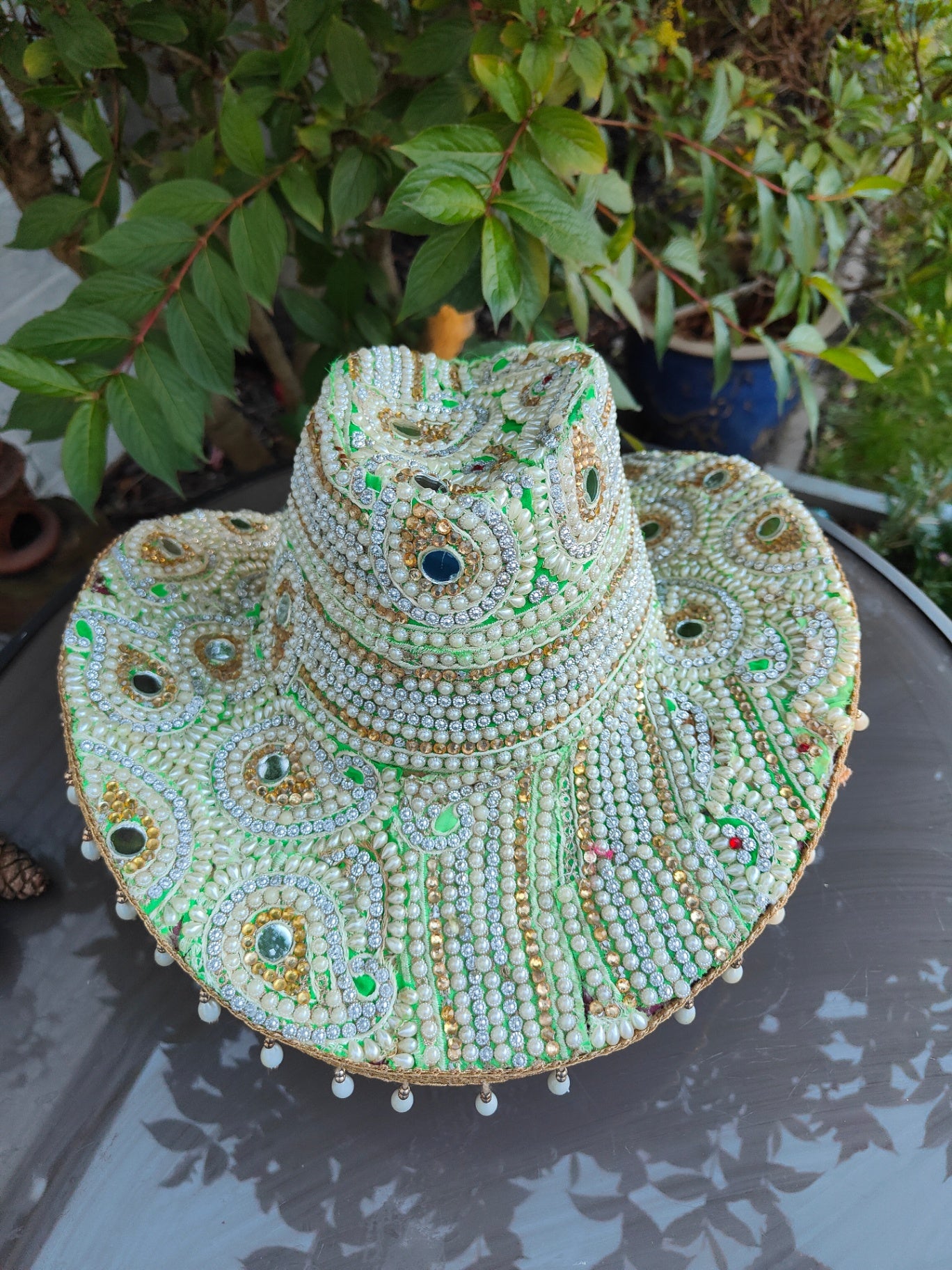 Dolly cowboy hat recycled sari fabric Pearl and green