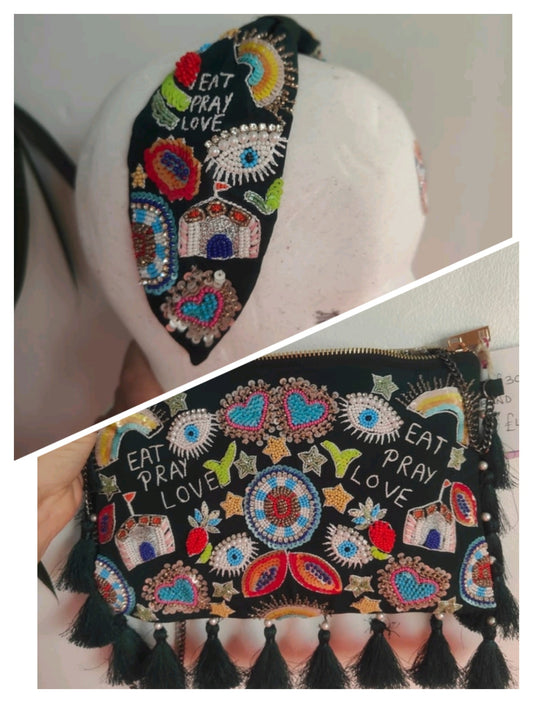 Eat pray love beaded bag and matching headband set