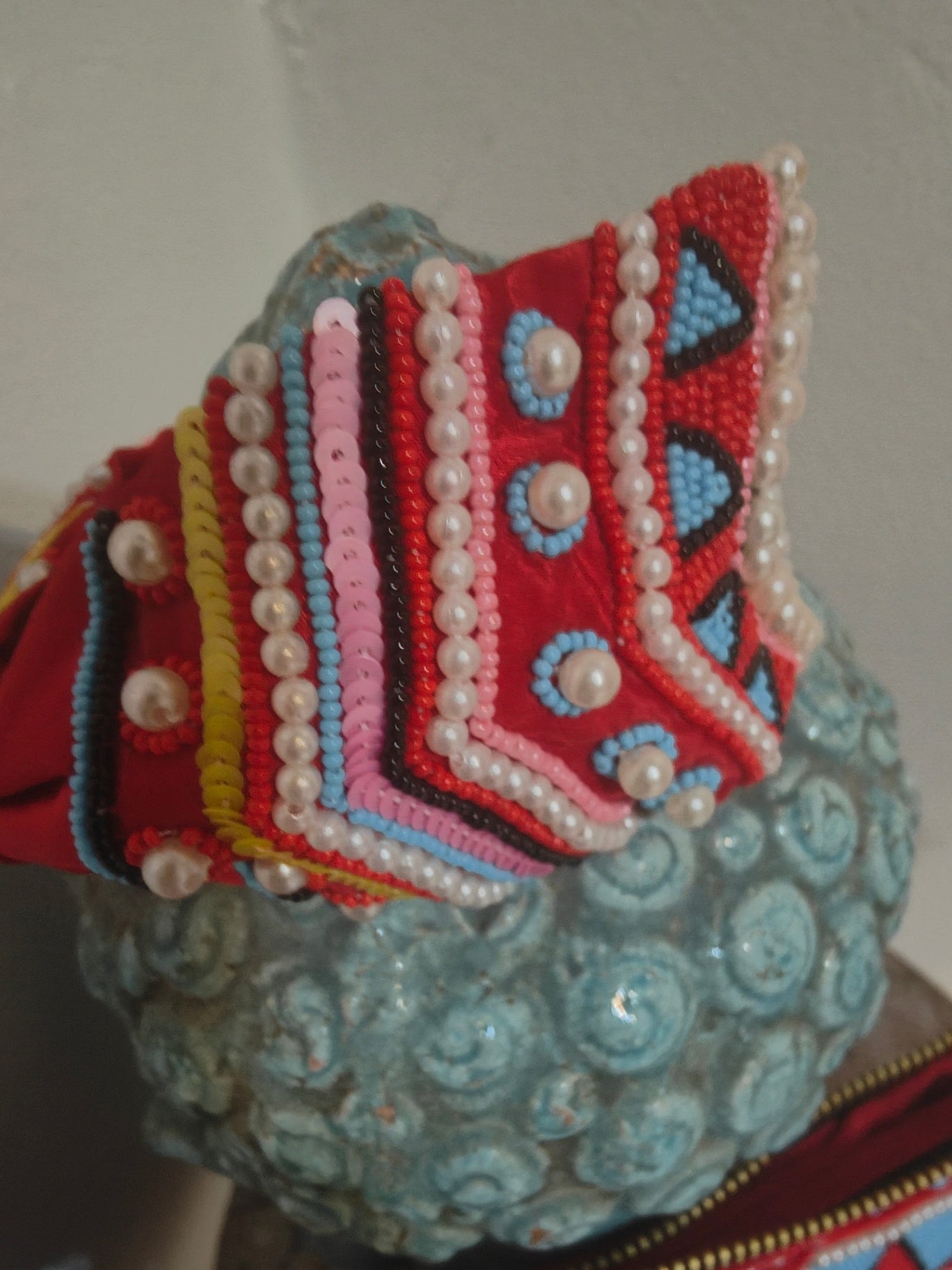 Red turquoise Boho beaded bag and headband set 