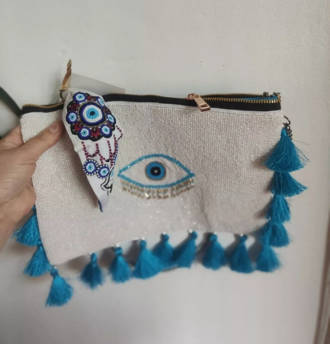 Evil eye protection beaded tassel bag and headband set 