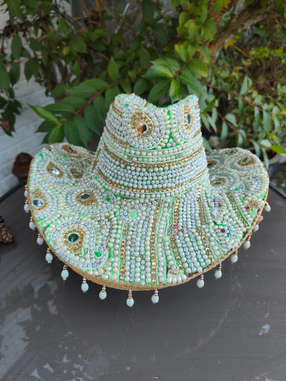 Dolly cowboy hat recycled sari fabric Pearl and green