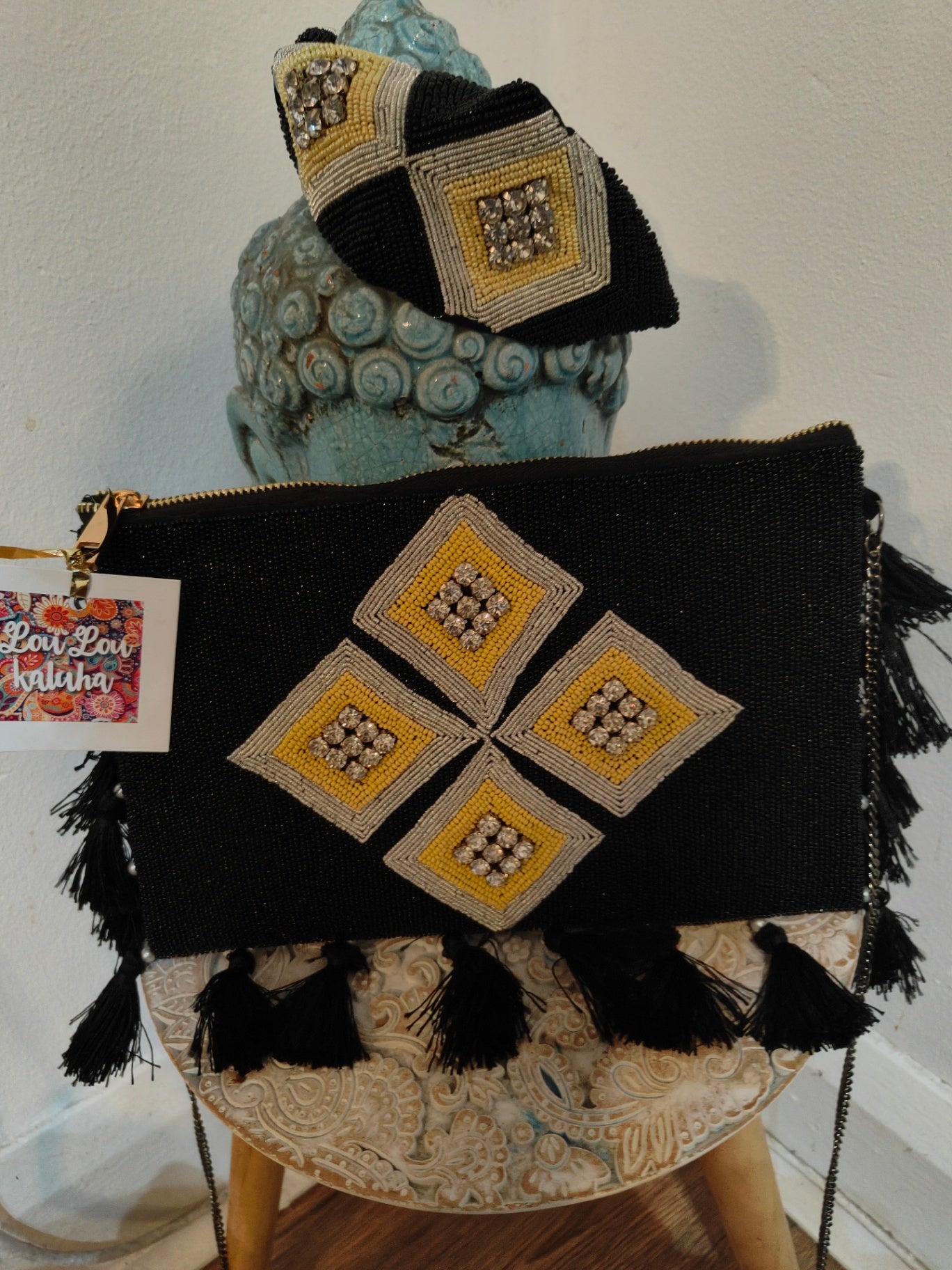 Black and gold yellow beaded bag and matching headband
