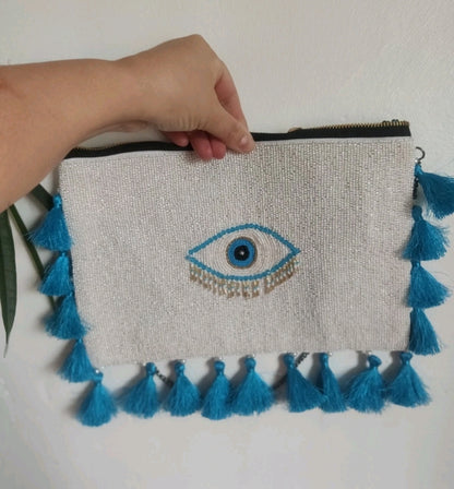Evil eye protection beaded tassel bag and headband set 