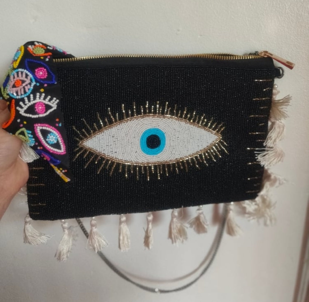 Evil eye protection bag with multi coloured headband to match