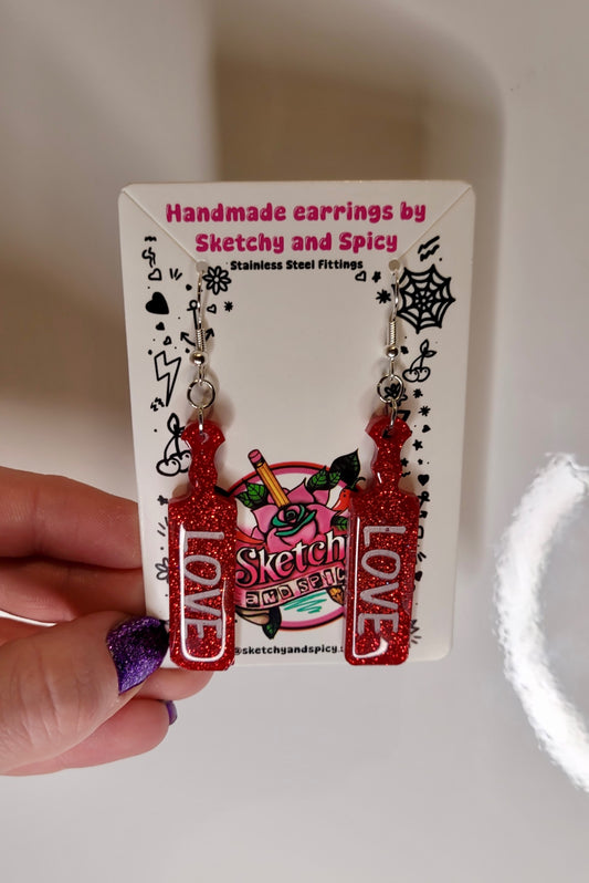 Red Glitter LOVE Paddle Earrings
