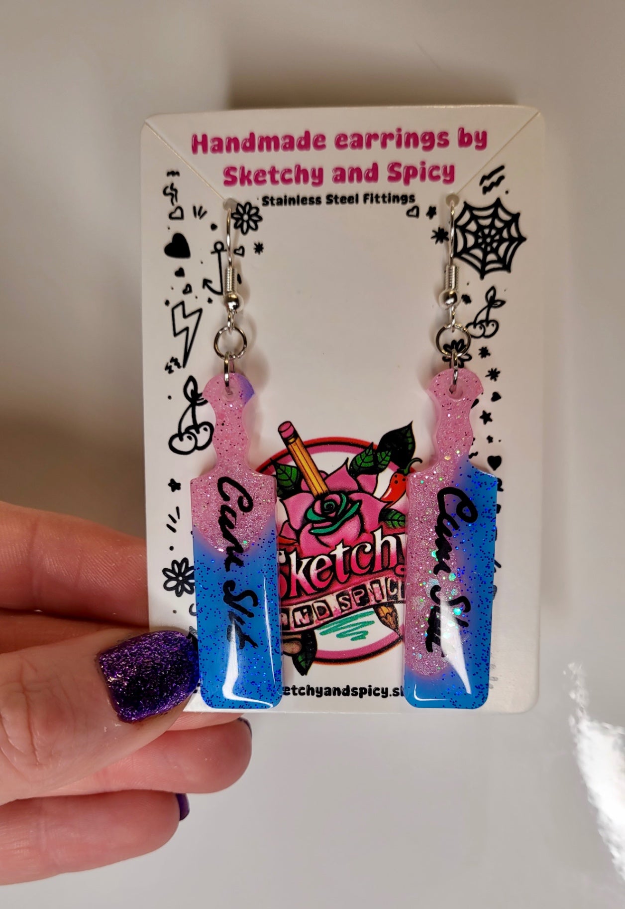 Pink & Blue Cum Slut Paddle Earrings