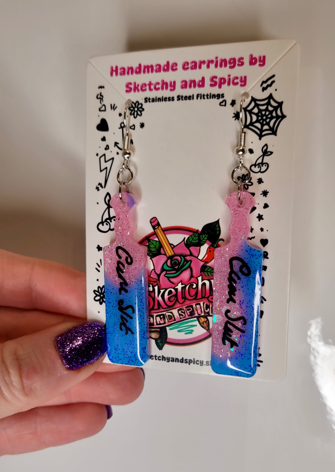 Pink & Blue Cum Slut Paddle Earrings