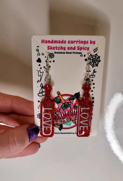 Red Glitter LOVE Paddle Earrings