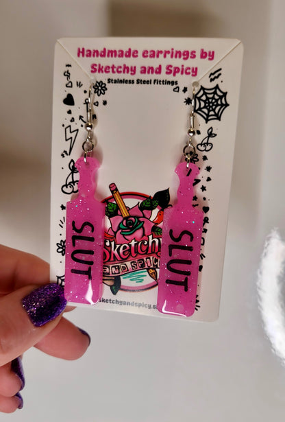 Pink Glitter SLUT Paddle Earrings