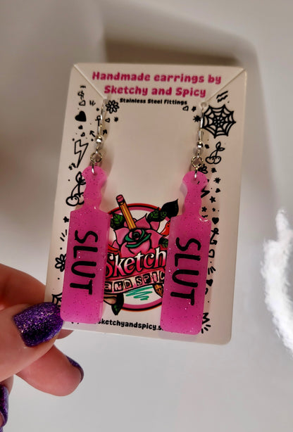 Pink Glitter SLUT Paddle Earrings