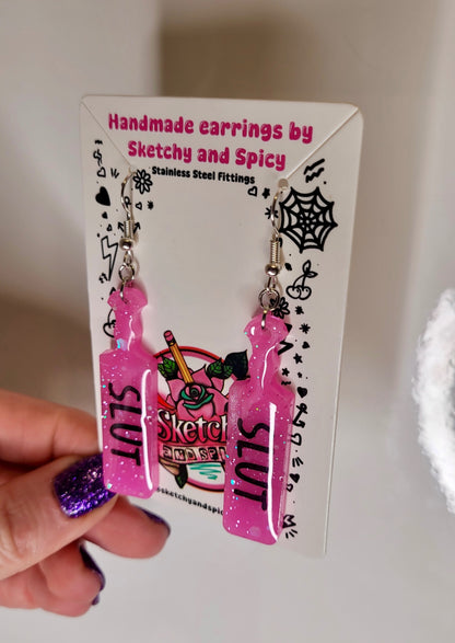 Pink Glitter SLUT Paddle Earrings