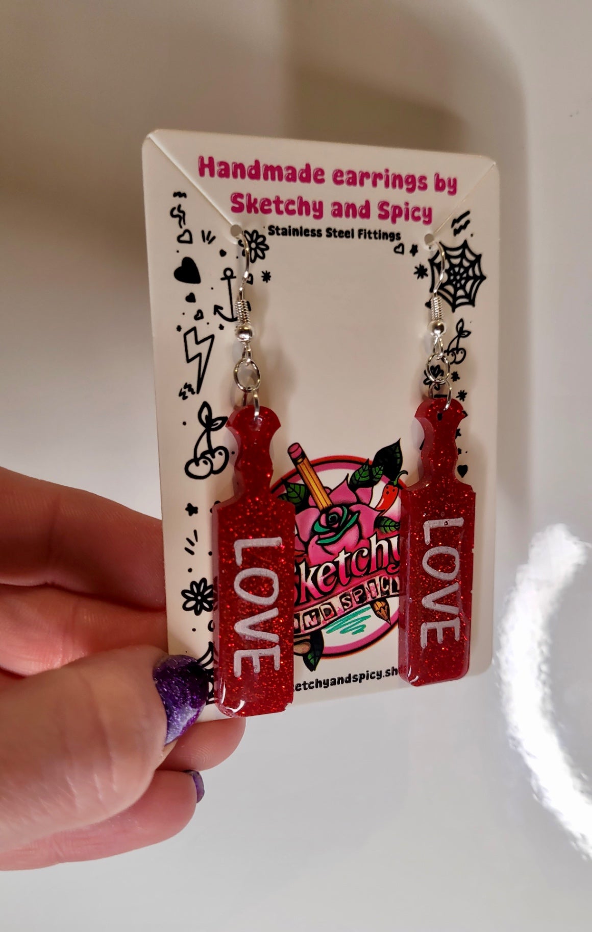 Red Glitter LOVE Paddle Earrings