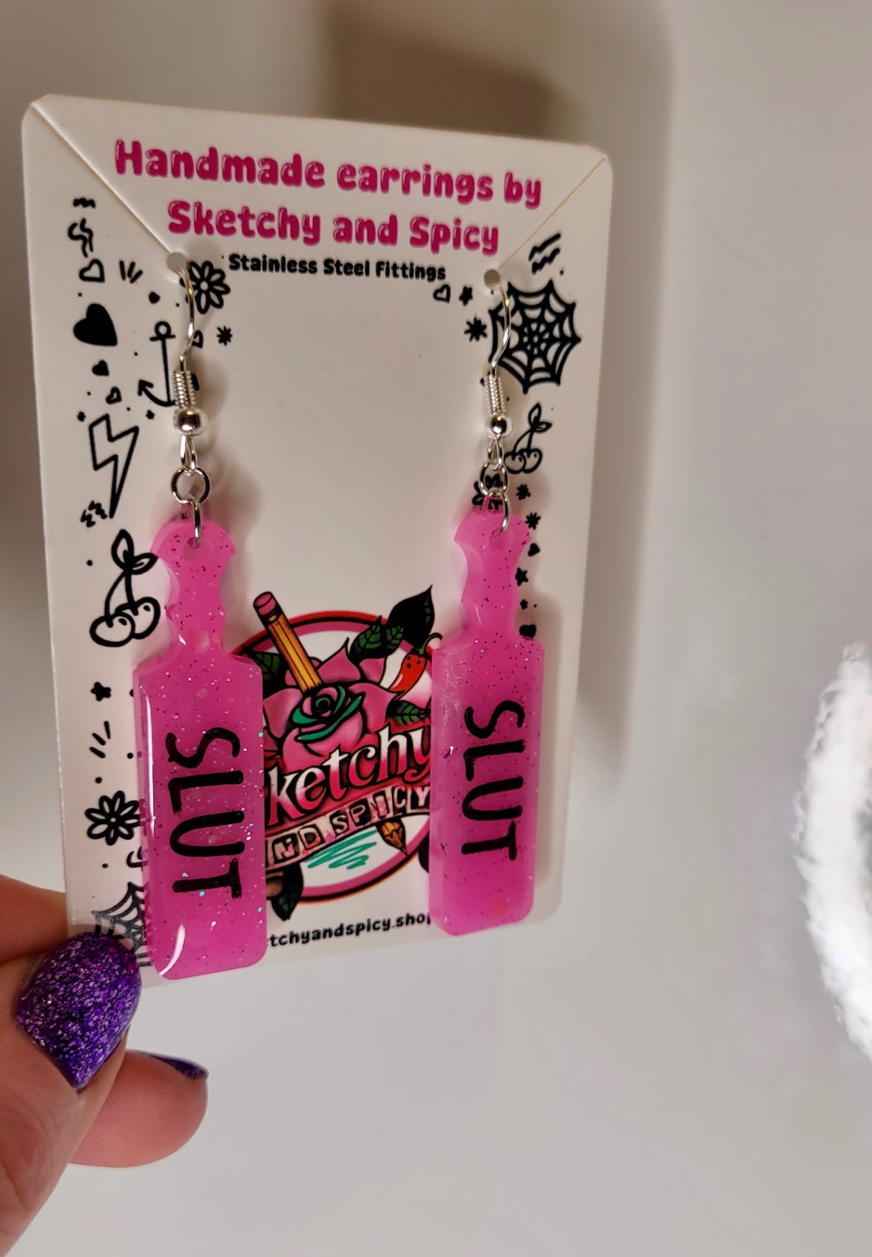 Pink Glitter SLUT Paddle Earrings