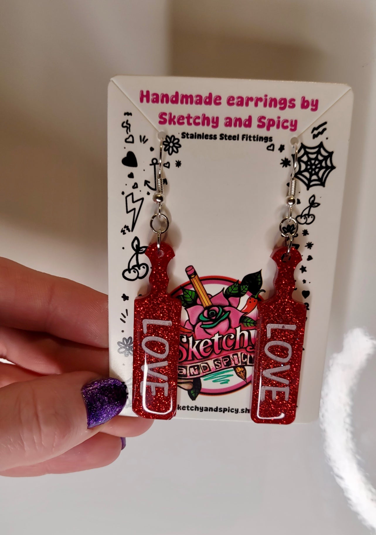 Red Glitter LOVE Paddle Earrings