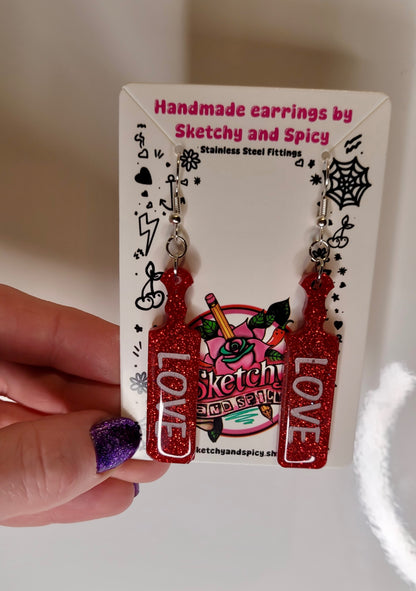 Red Glitter LOVE Paddle Earrings