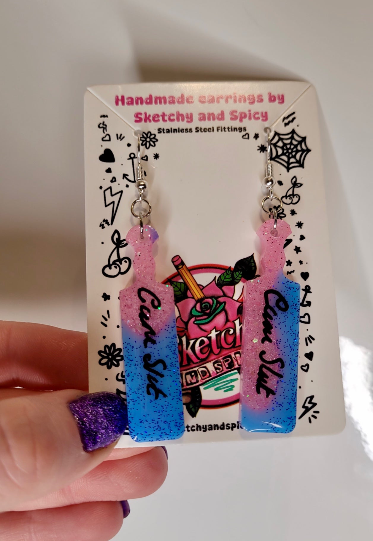 Pink & Blue Cum Slut Paddle Earrings
