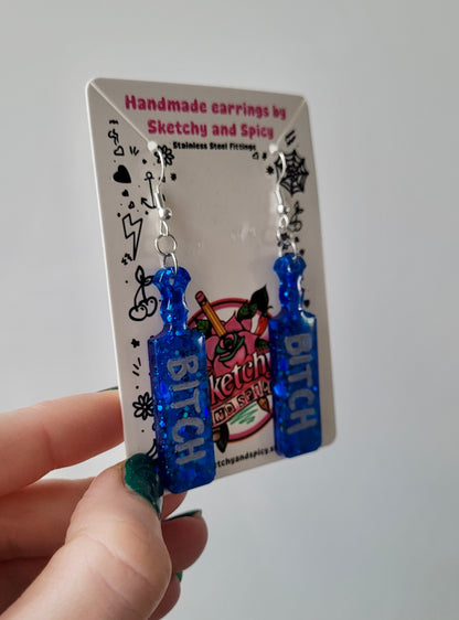 Blue Glitter “BITCH” Paddle Earrings