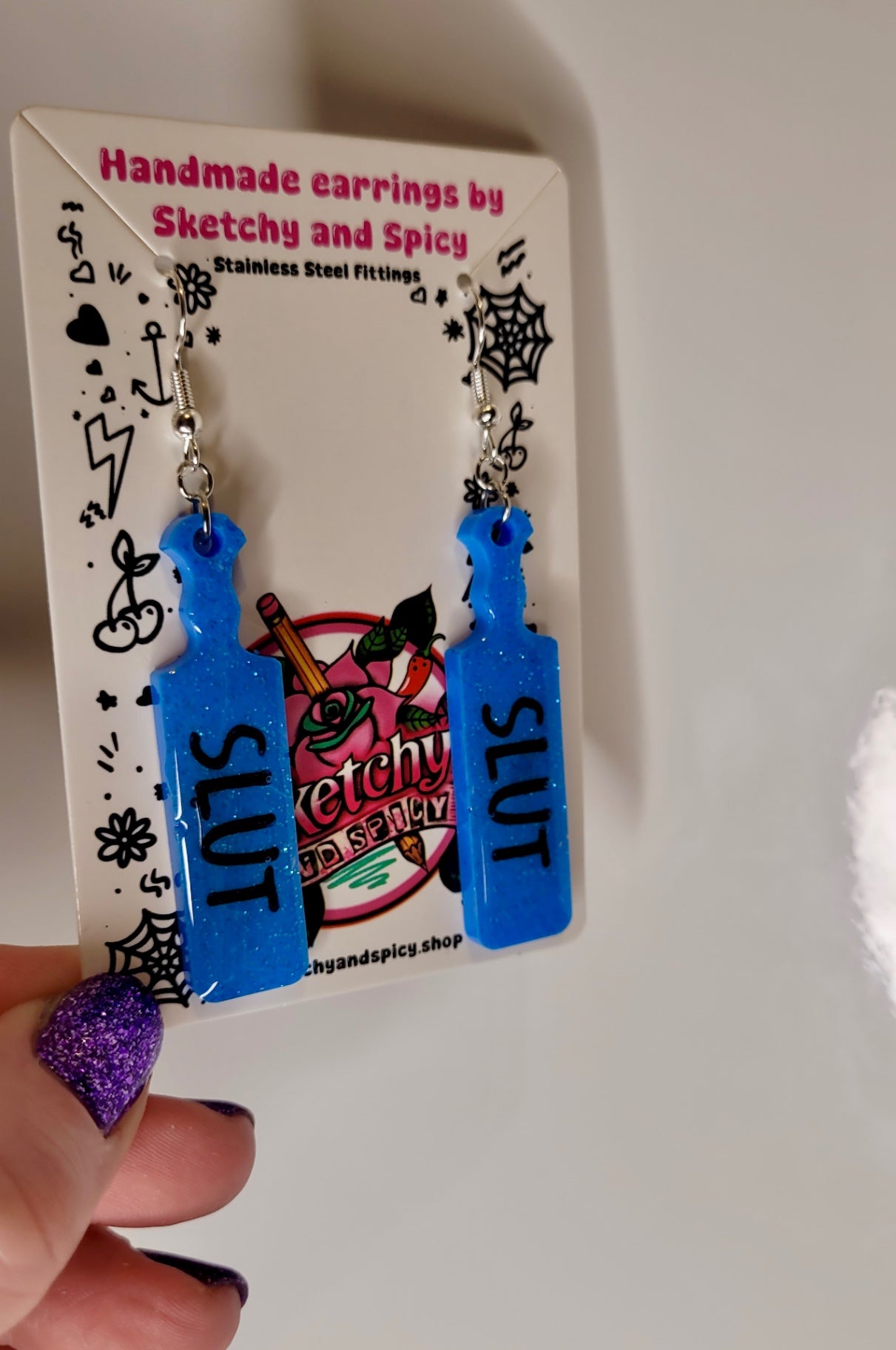 Blue Glitter SLUT Paddle Earrings