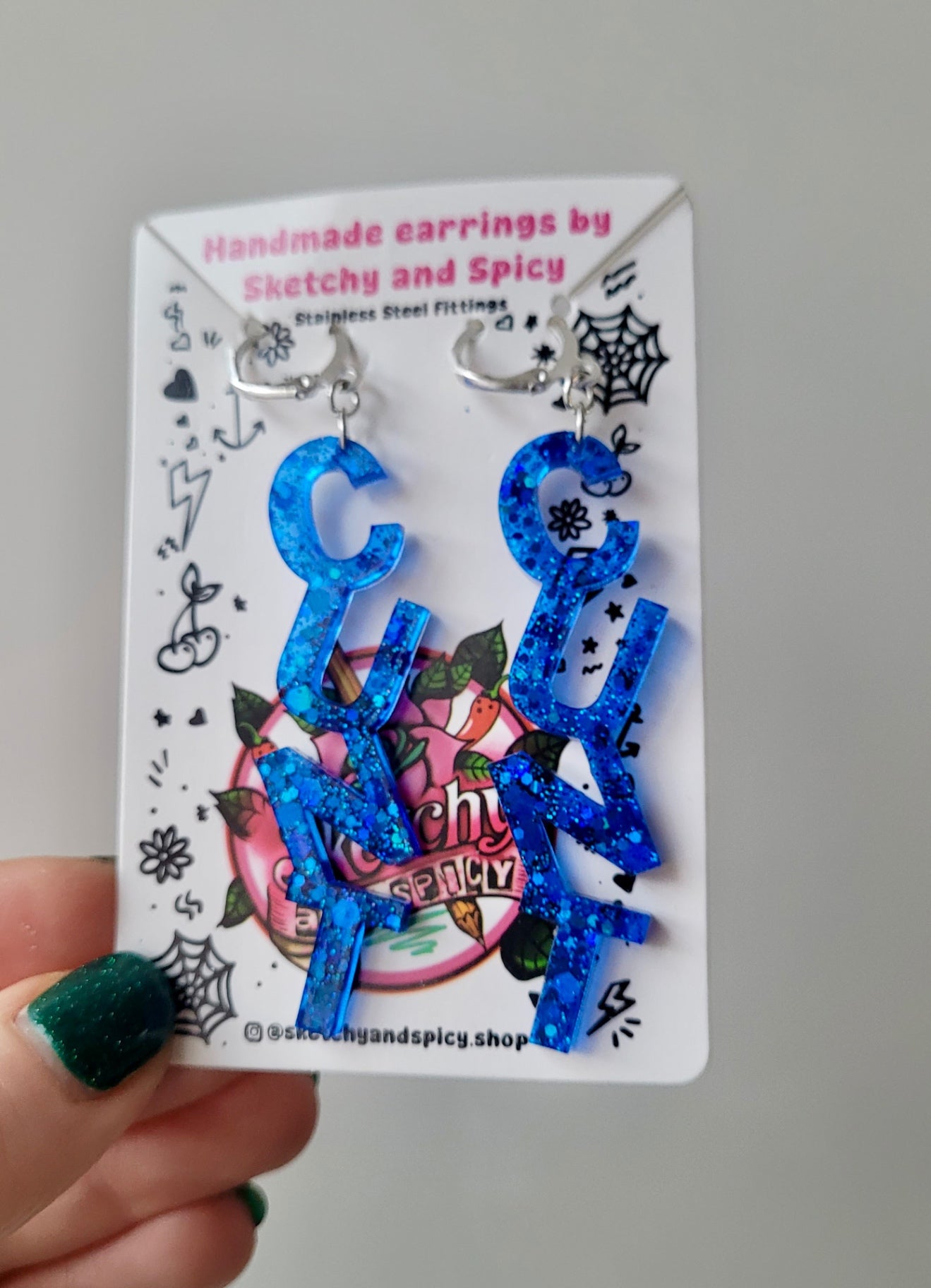 Dark Blue Glitter CUNT Earrings - Lever-back Hoops