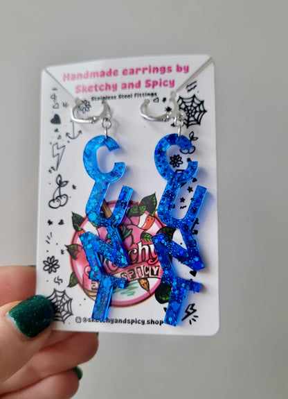 Dark Blue Glitter CUNT Earrings - Lever-back Hoops