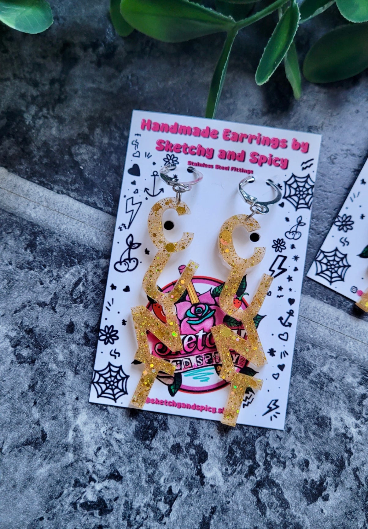 Gold Glitter CUNT Earrings