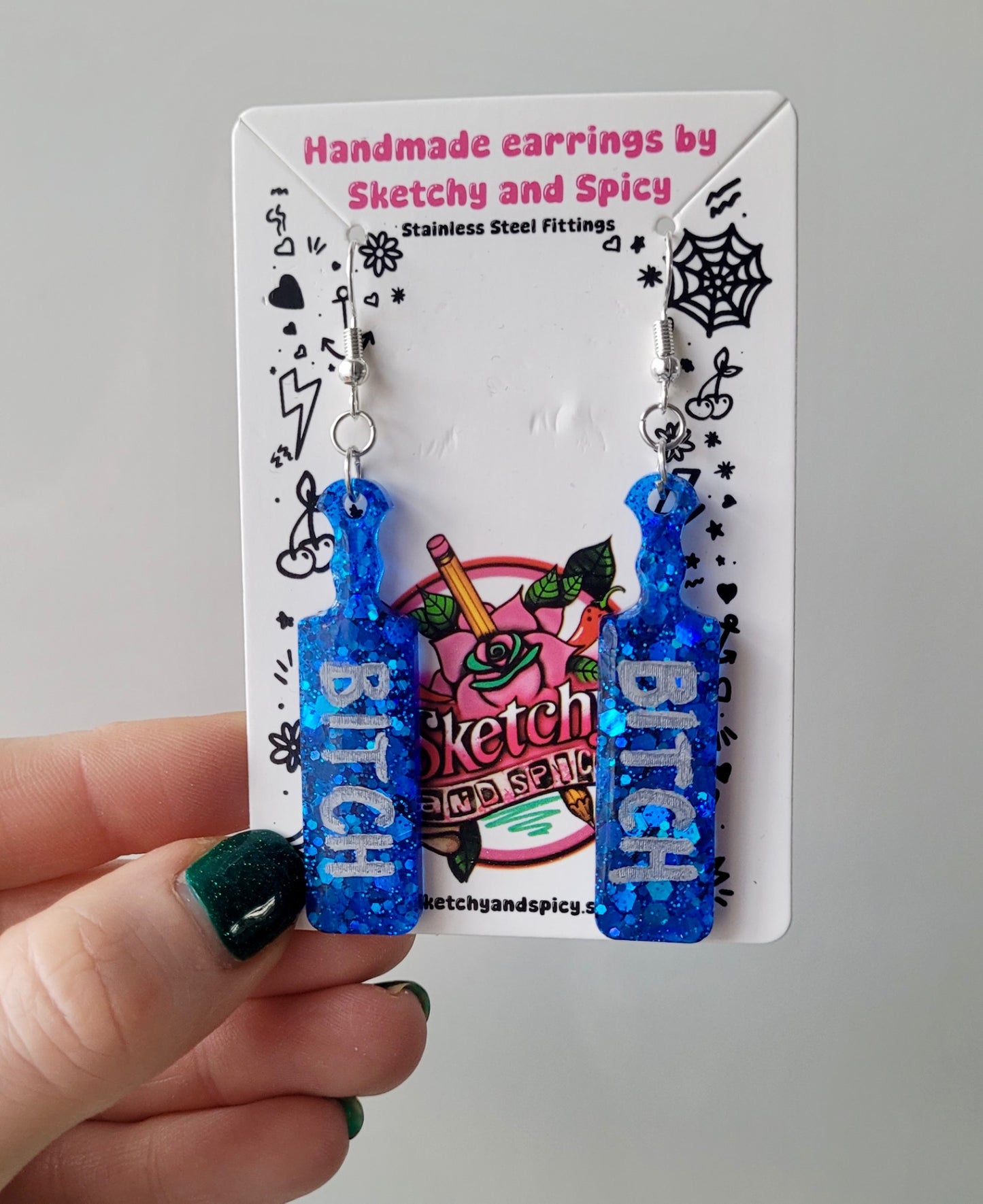 Blue Glitter “BITCH” Paddle Earrings
