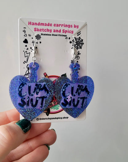 Blue Glitter Heart Paddle Cum Slut Earrings