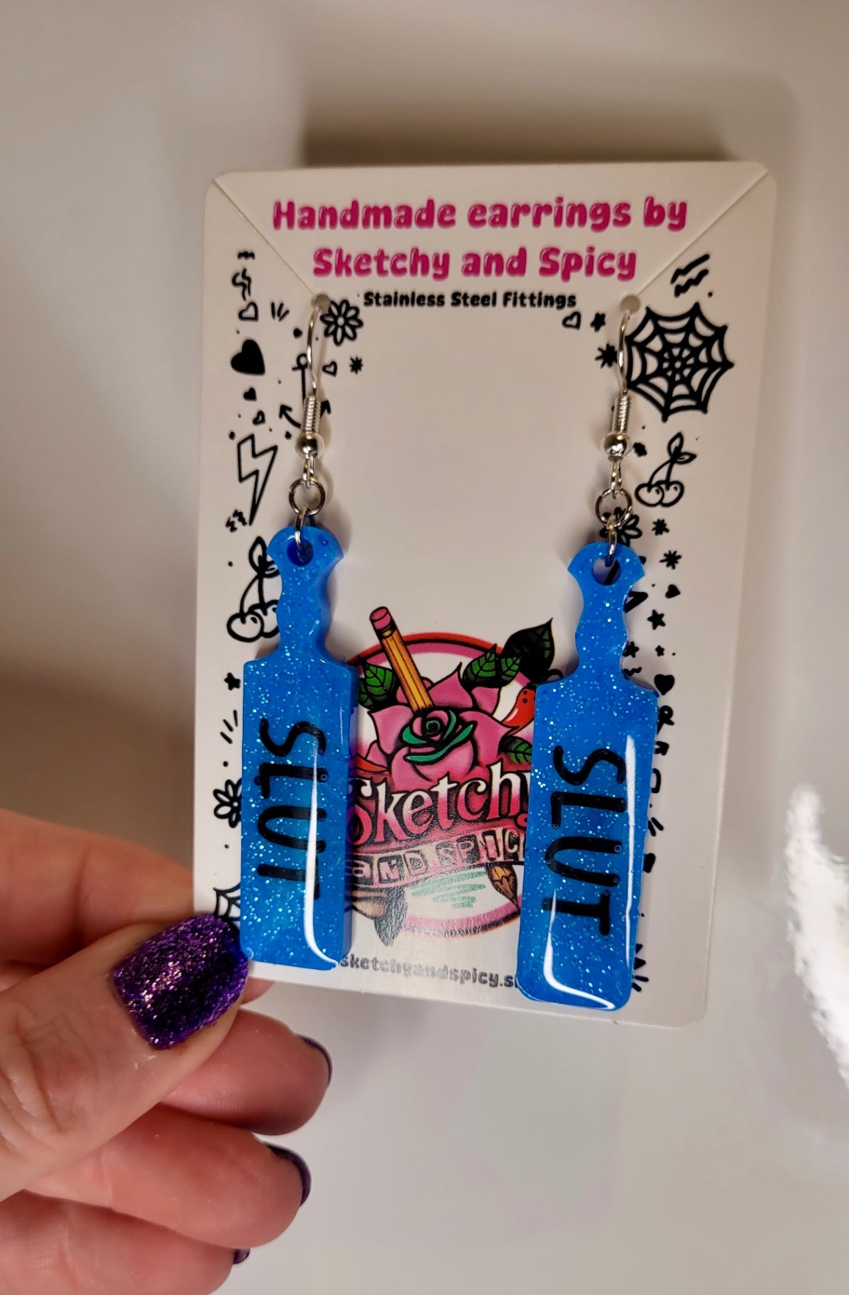 Blue Glitter SLUT Paddle Earrings