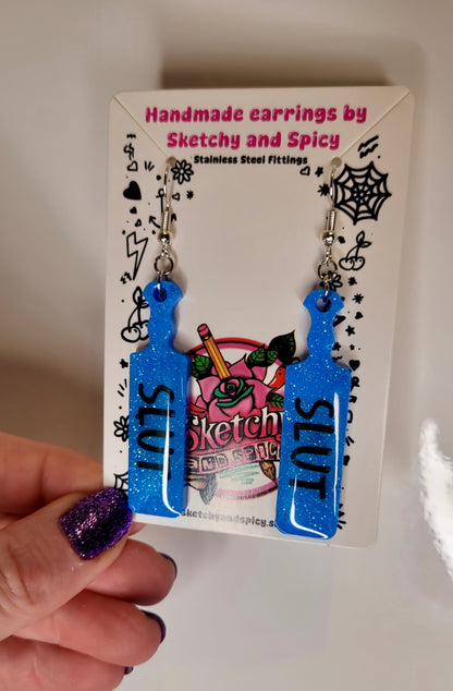 Blue Glitter SLUT Paddle Earrings