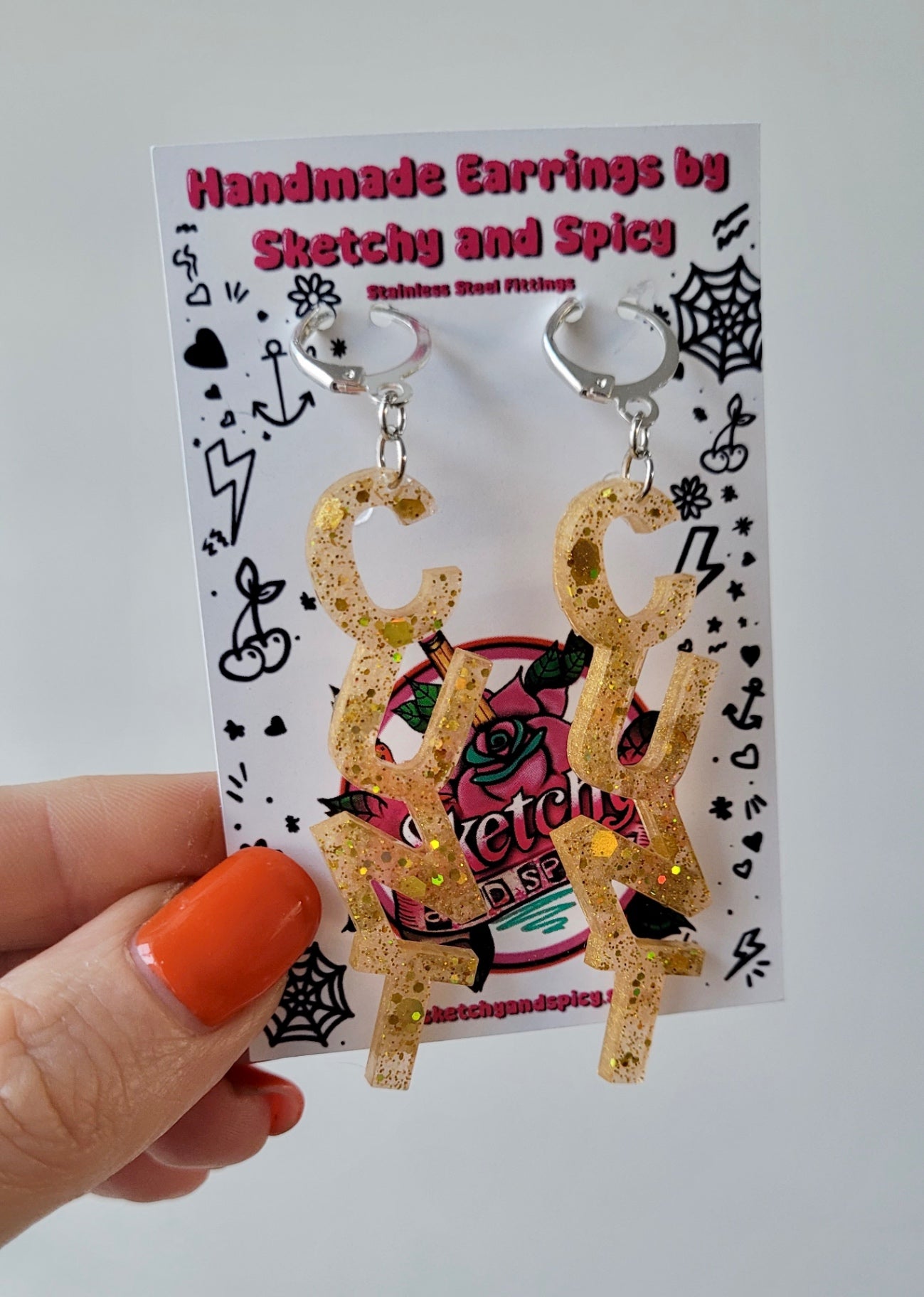 Gold Glitter CUNT Earrings