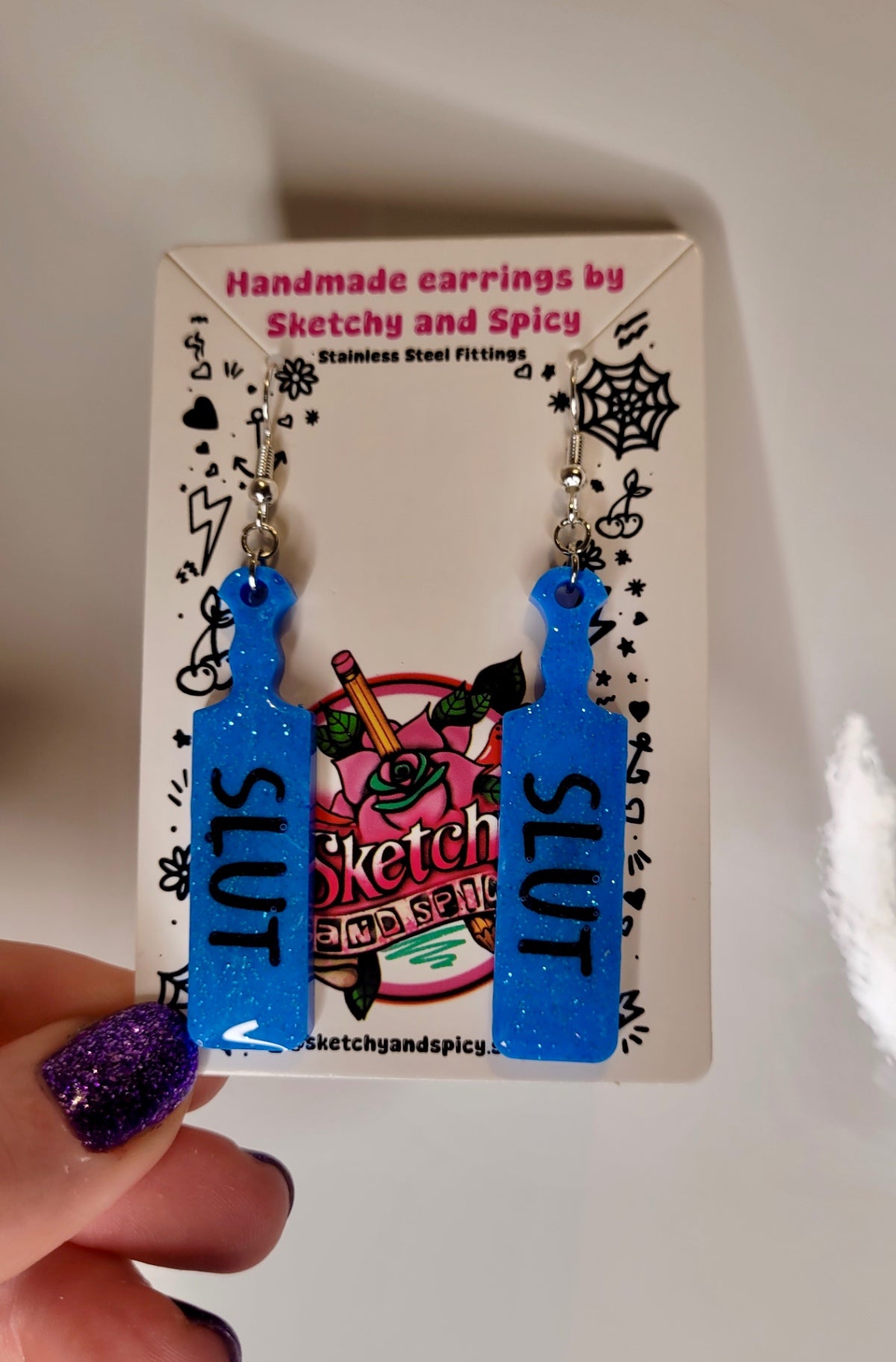 Blue Glitter SLUT Paddle Earrings